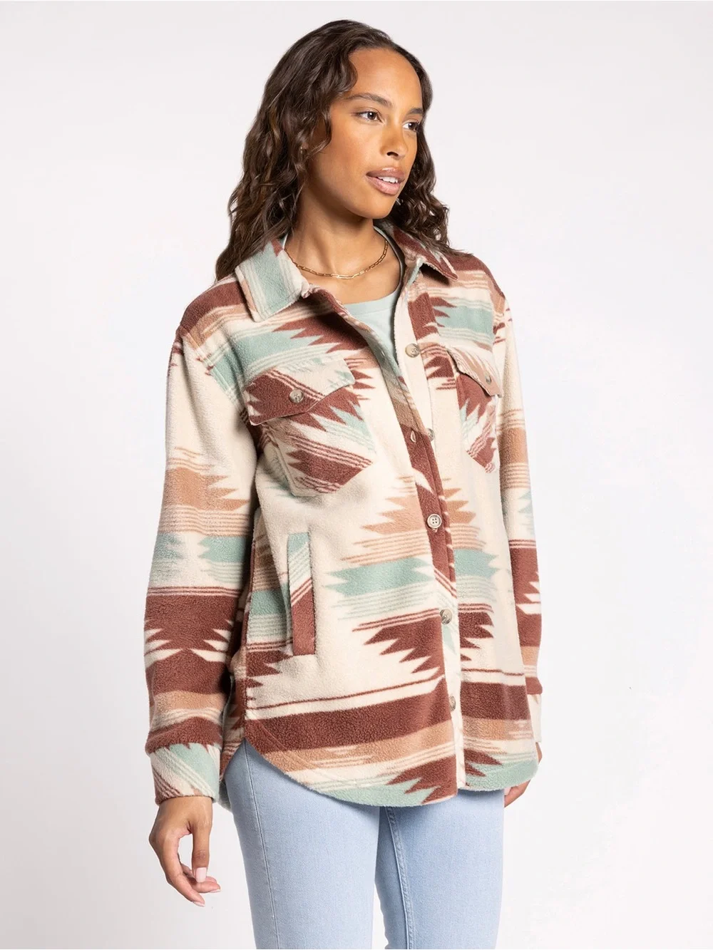Thread & Supply Tullis Aztec Southwest Plush Fleece Shacket Jacket Brown Green M